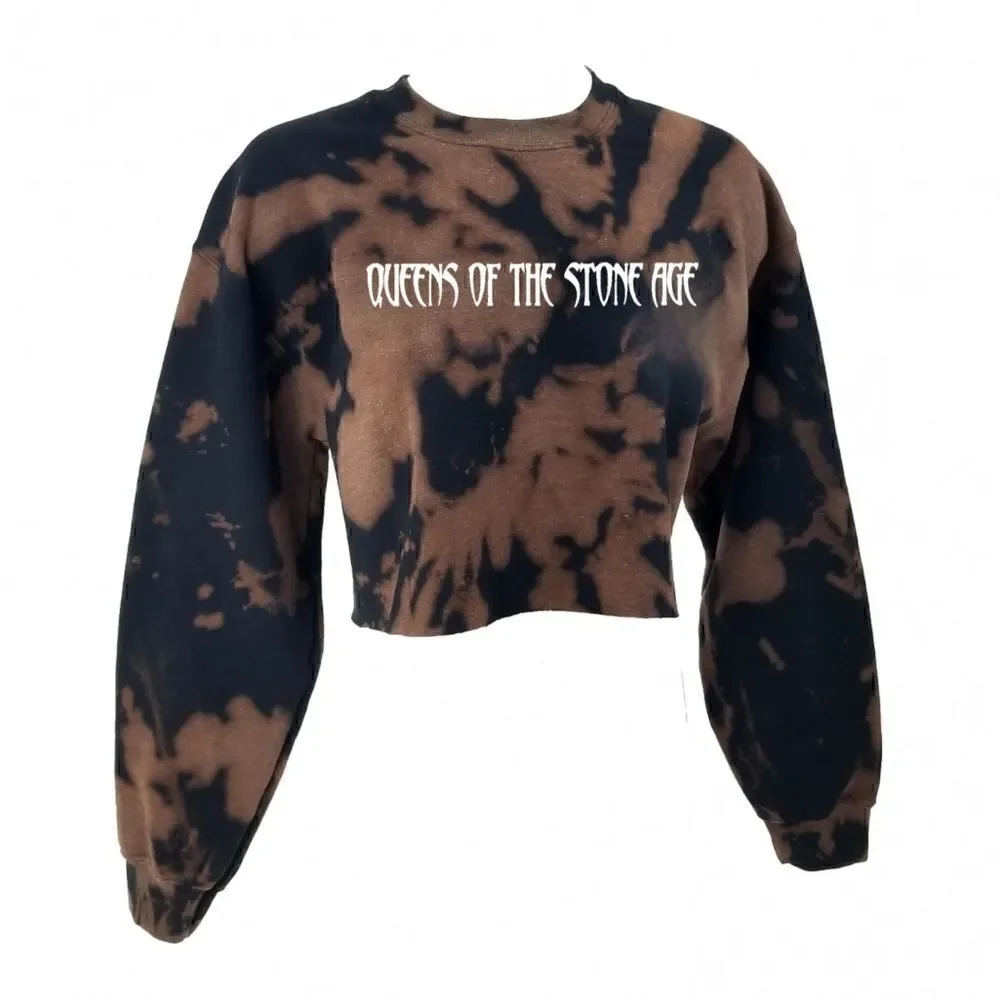 QUEENS OF THE STONE AGE Acid Washed Crop Top Long Sleeve Crewneck Sweatshirt y2k - Picture 2 of 5